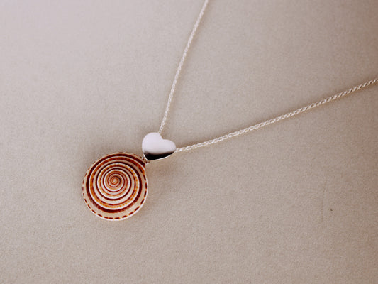 A sterling silver heart-shaped pendant with a red and white striped architectonica perspectiva sea shell attached to a double rope chain.